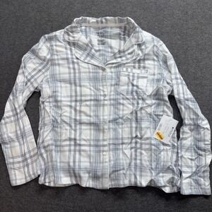 Women's button-down pajama top by Roudelain in a white and gray plaid Large